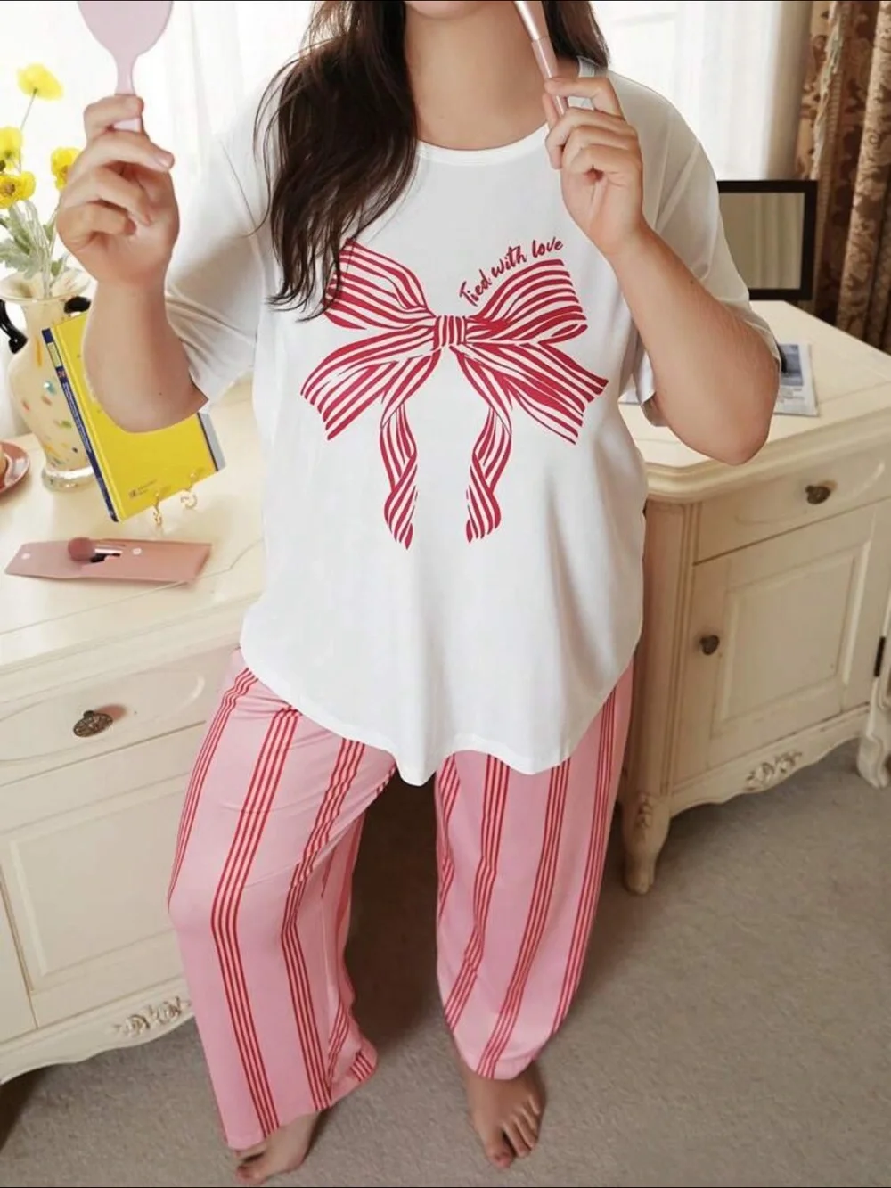 White Top & Pink Striped Bow-Print Pajama Set